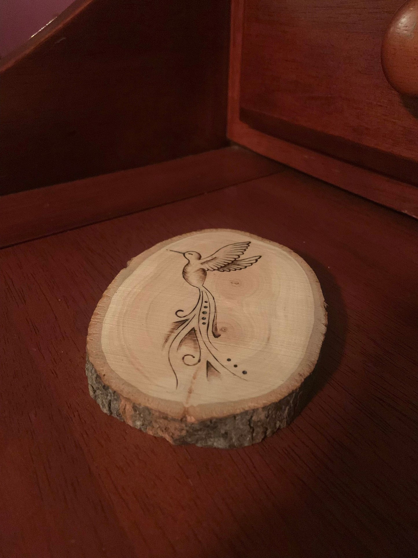 Hummingbird Drink Coaster, Handmade Rustic Wood Burning Art, Perfect Gift for the Bird Lover