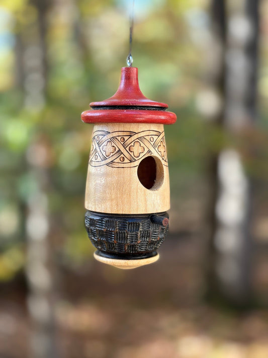 Brown Celtic Hummingbird House, Handmade Wooden Birdhouse, Artisan Gift for Any Occasion