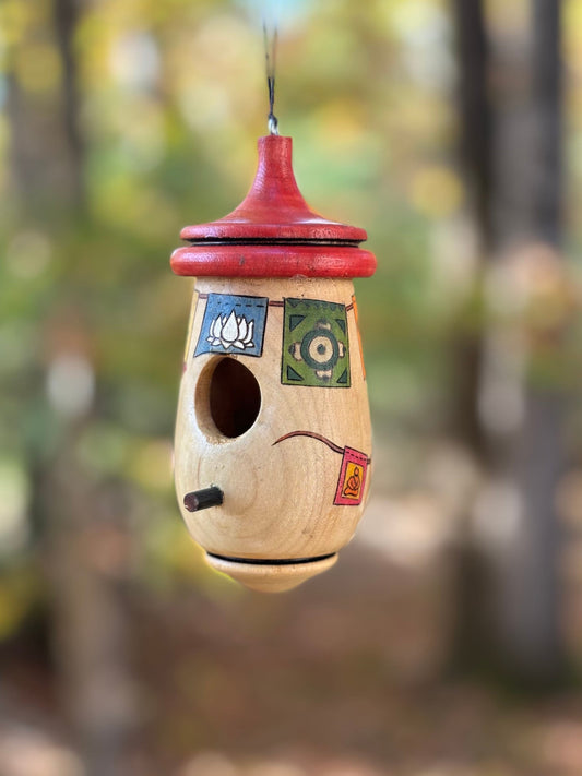 Hummingbird House, Handmade Wooden Birdhouse for Indoor/Outdoor Use, Prayer Flags Art, Bird Lovers Gift, Christmas Gift for Friends