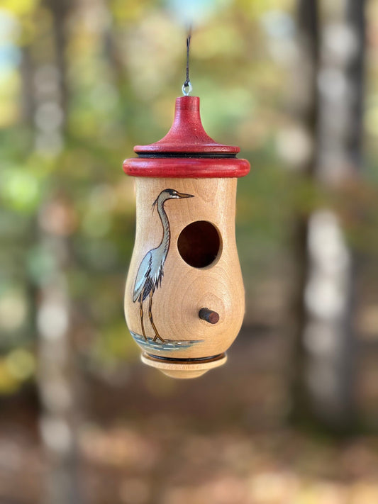 Hummingbird House, Great Blue Heron Art, Handmade Wooden Birdhouse for Indoor/Outdoor, Bird Lovers Gift, Christmas Gift for Streams Rivers