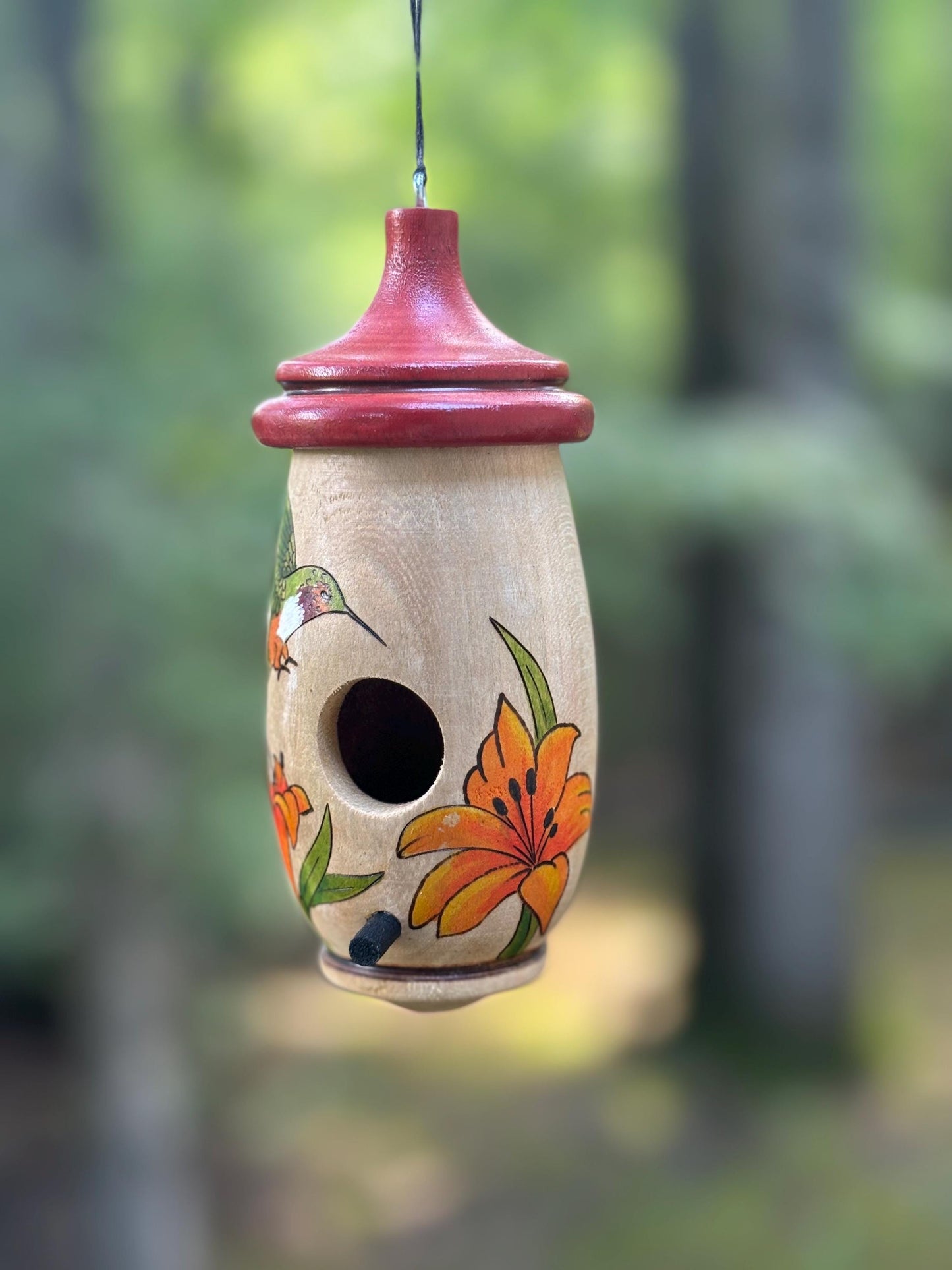 Hummingbird Birdhouse, Day Lily with Bird Design, Handmade Art for Bird and Flower Lovers, Gift for Someone Who Has Everything