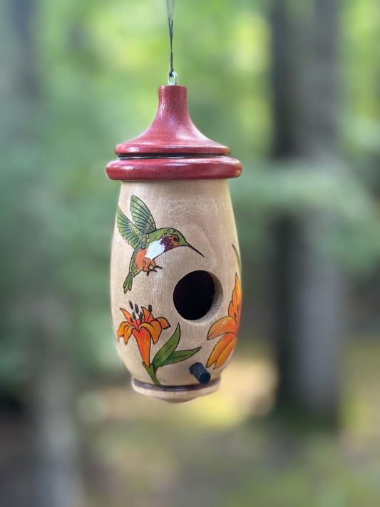 Hummingbird Birdhouse, Day Lily with Bird Design, Handmade Art for Bird and Flower Lovers, Gift for Someone Who Has Everything