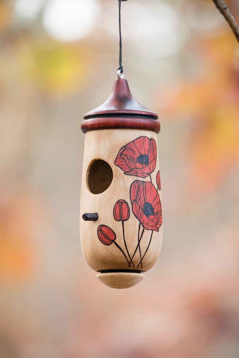 Hummingbird House, Poppy Floral Art, Wooden Birdhouse for Indoor/Outdoor Use, Christmas Gift for Mom and Bird Lovers, August Birth Flower