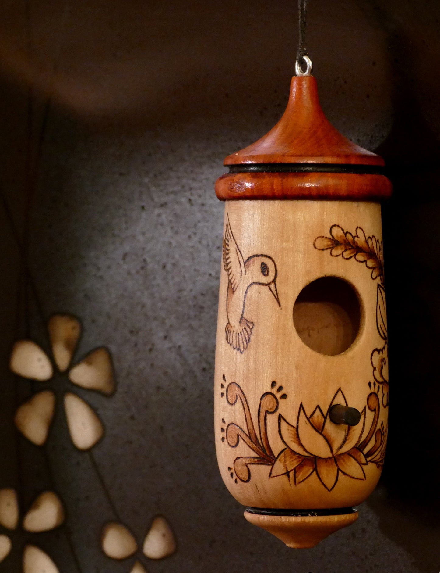 Hummingbird House, Handmade Wooden Birdhouse for Indoor/Outdoor Use, Bird and Lotus Art, Bird Lovers Gift, Christmas Gift for Co-Worker