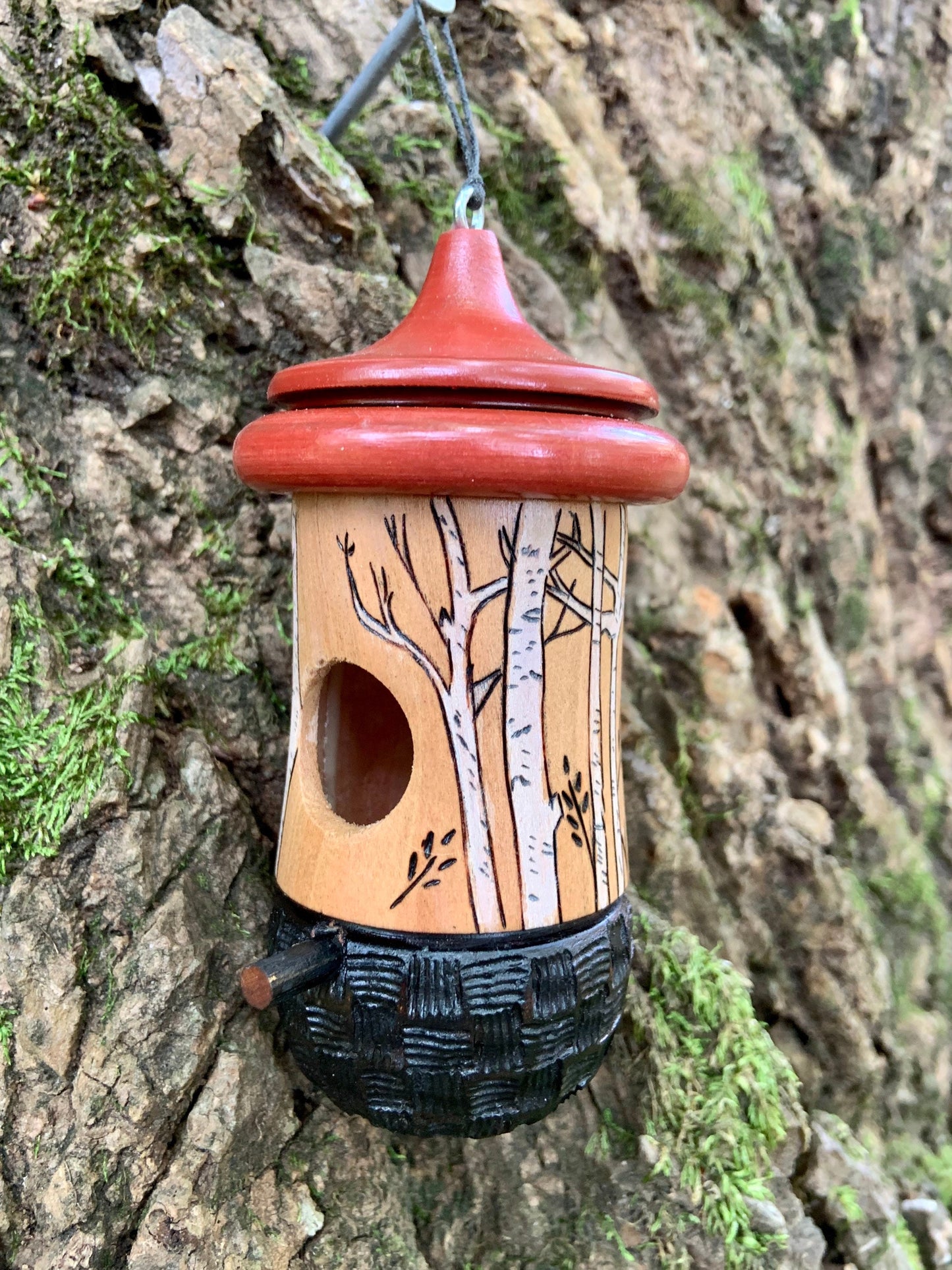 Birdhouse, Birch Tree with Basketweave Bottom Hummingbird House