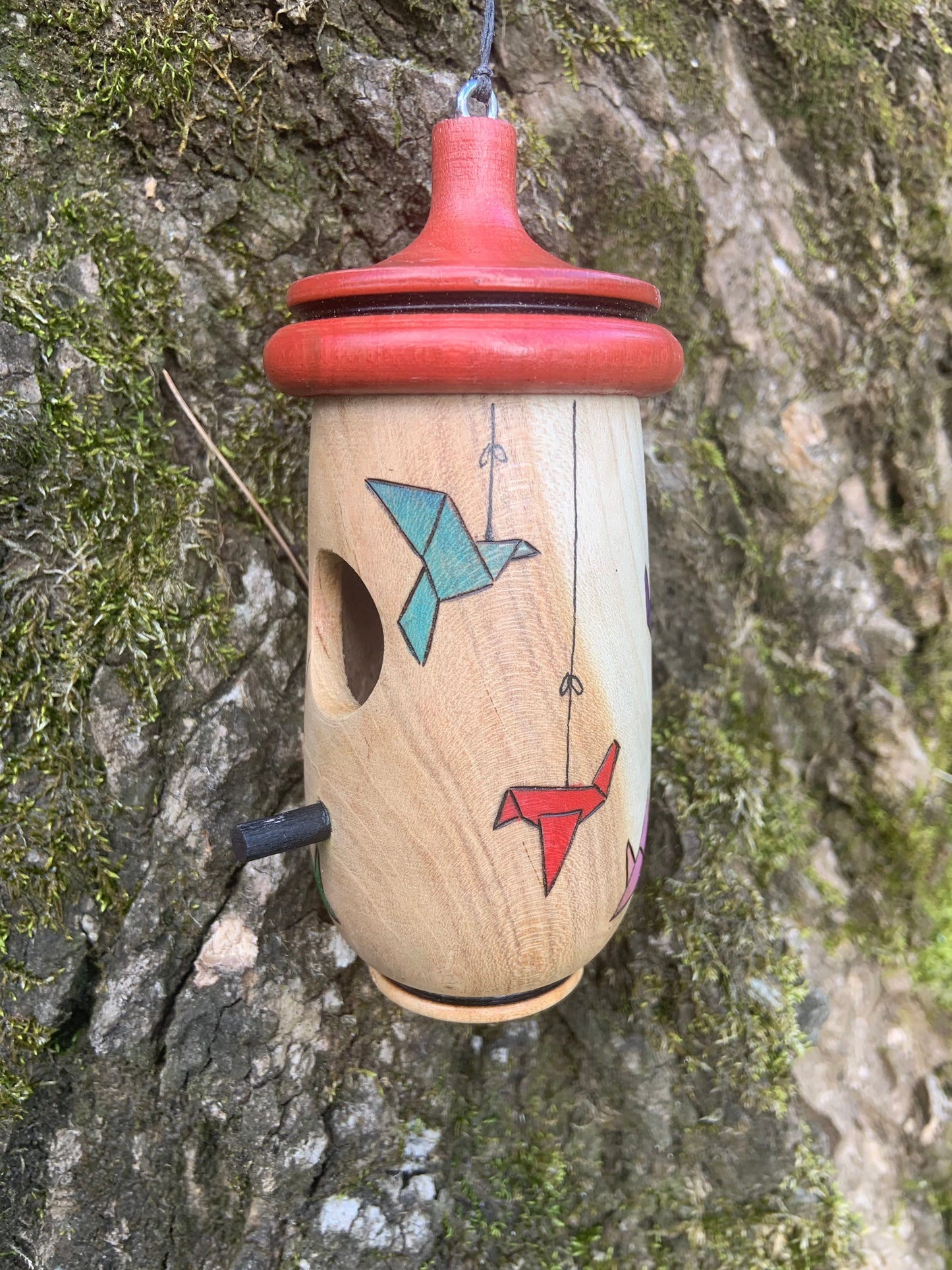 Hummingbird House, Handmade Wooden Birdhouse for Indoor/Outdoor Use, Paper Cranes Origami Art, Bird Lovers Gift, Christmas Gift for Artisans