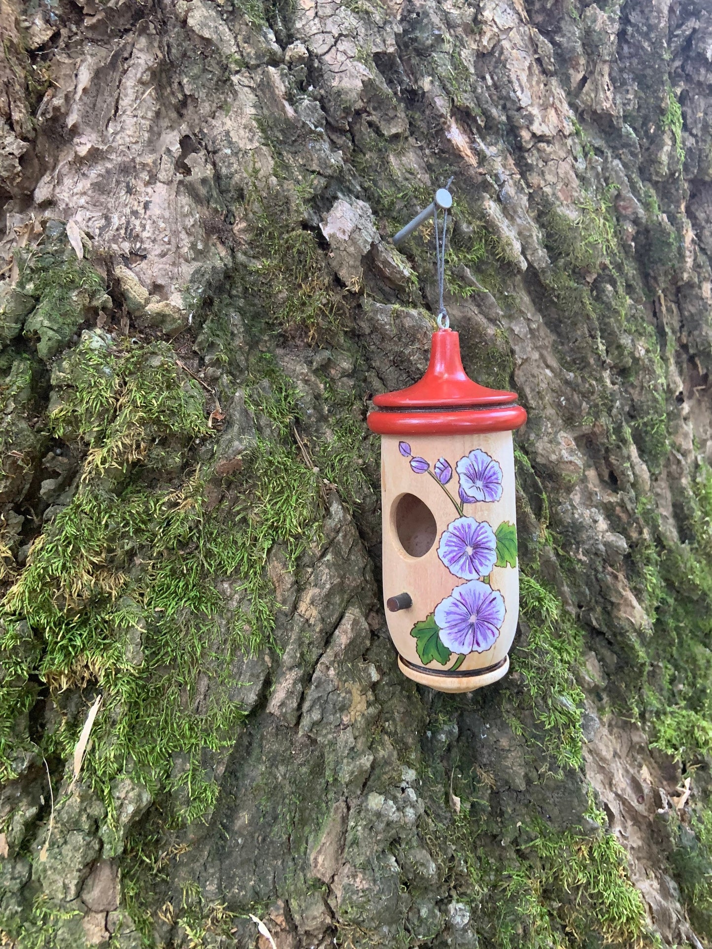 Hummingbird House, Handmade Wooden Birdhouse for Indoor/Outdoor, Purple Mallow French Hollyhock Zebrina, Bird Lovers Gift, Christmas Gift