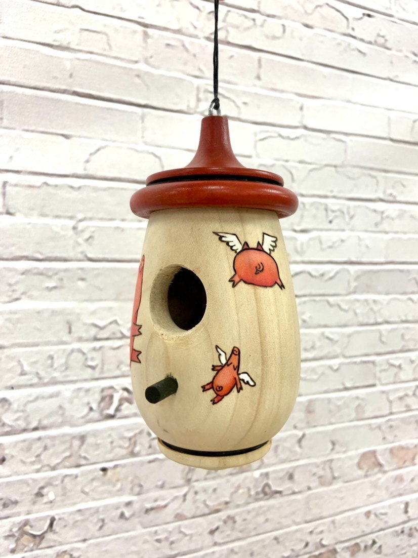 Hummingbird House, Flying Pig Art, Handmade Wooden Birdhouse for Indoor/Outdoor Use, Bird Lovers Gift, Christmas Gift for Pig Lovers