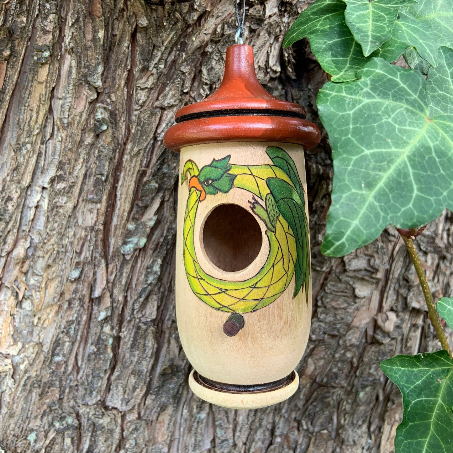 Hummingbird House, Handmade Wooden Birdhouse for Indoor/Outdoor Use, Dragon Ouroboros Art, Bird Lovers Gift, Christmas Gift for Fantasy