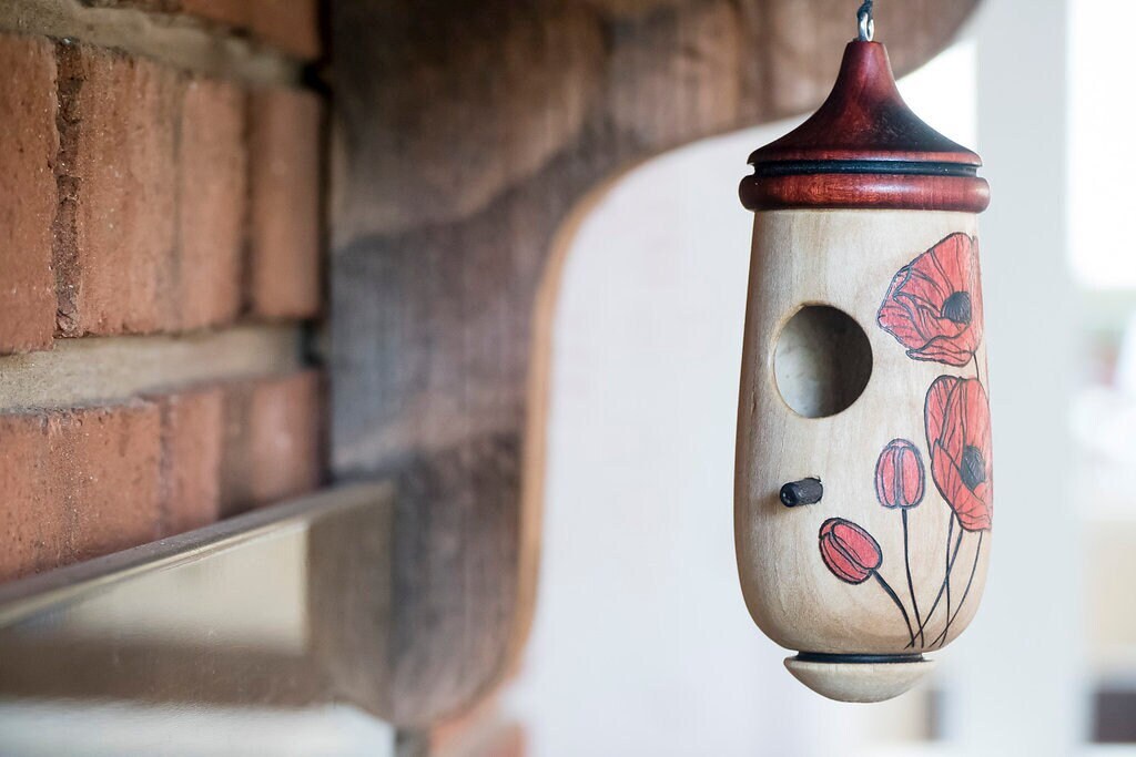 Hummingbird House, Poppy Floral Art, Wooden Birdhouse for Indoor/Outdoor Use, Christmas Gift for Mom and Bird Lovers, August Birth Flower