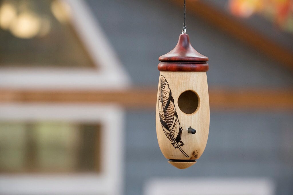 Hummingbird House, Handmade Wooden Birdhouse for Indoor/Outdoor Use, Feather Bird Art, Bird Lovers Gift, Christmas Gift for Bird Lovers