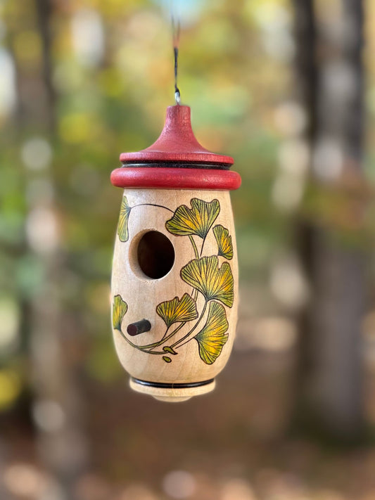 Hummingbird House, Ginko Leaves Art, Handmade Wooden Birdhouse for Indoor/Outdoor Use, Bird Lovers Gift, Christmas Gift for Neighbors