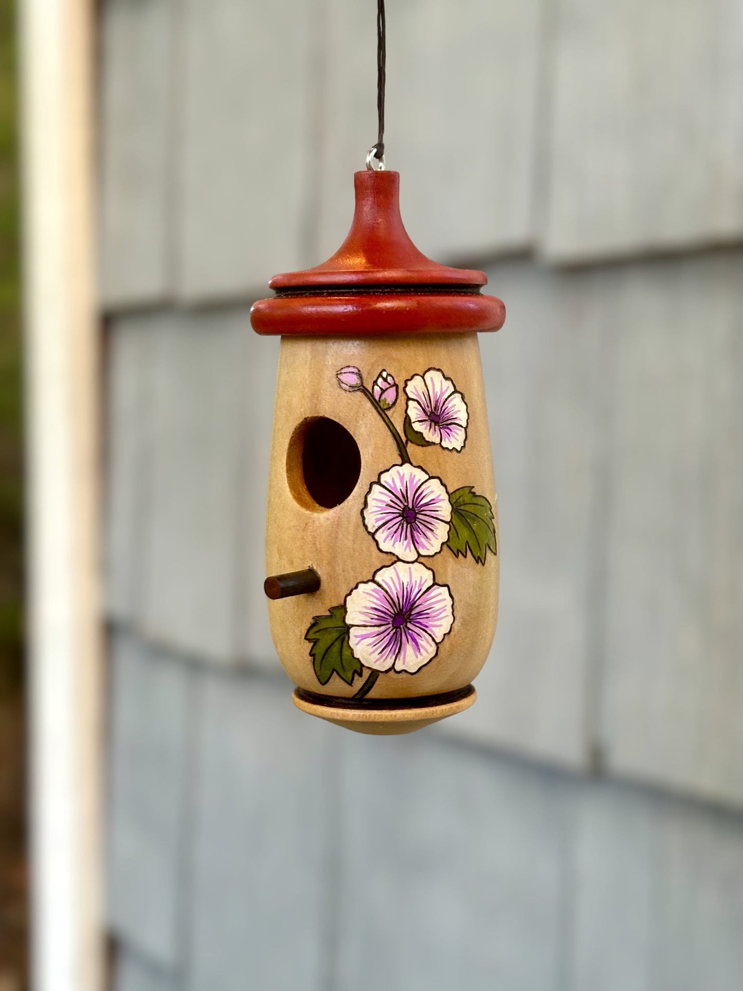 Hummingbird House, Handmade Wooden Birdhouse for Indoor/Outdoor, Purple Mallow French Hollyhock Zebrina, Bird Lovers Gift, Christmas Gift