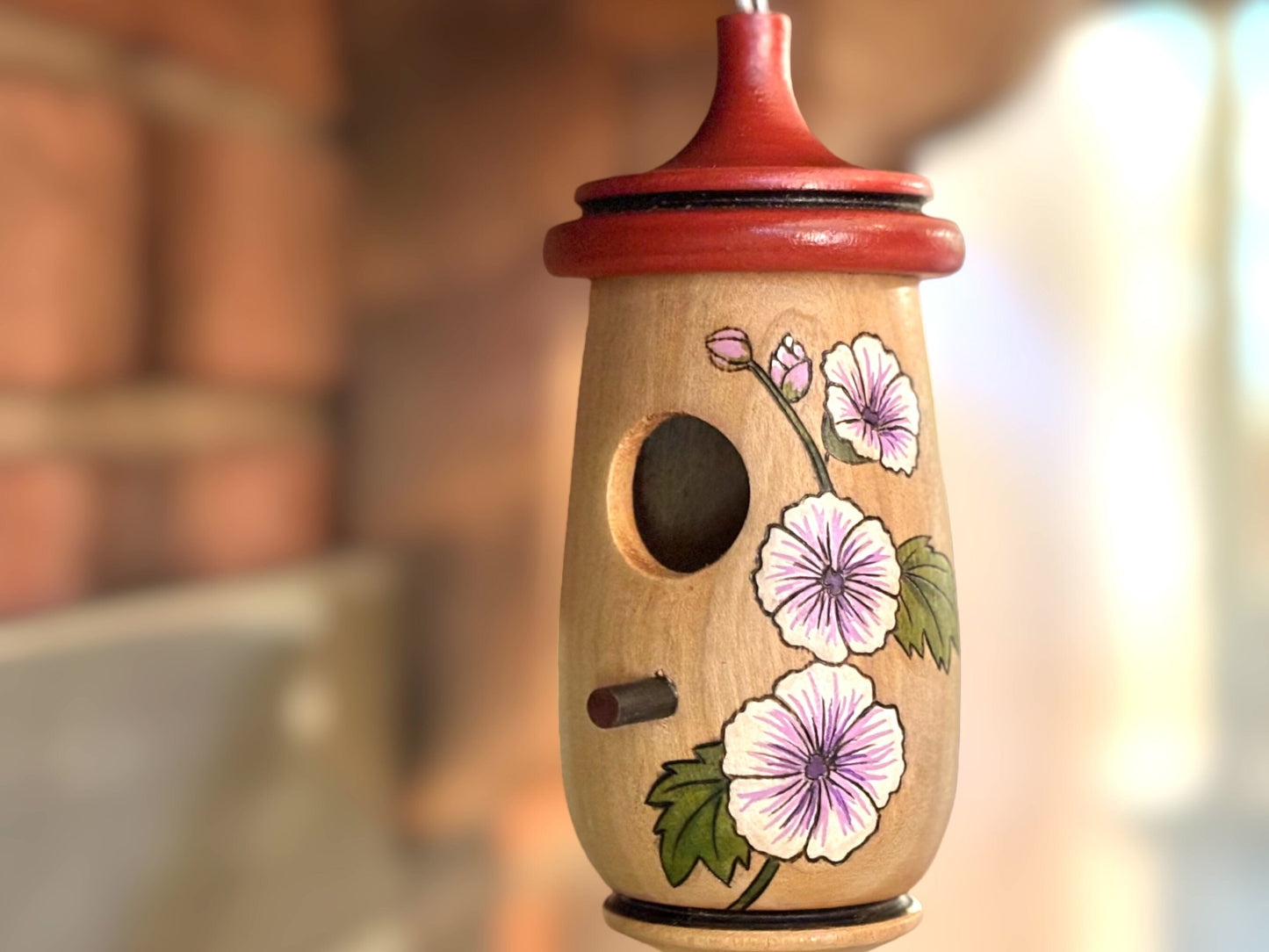 Hummingbird House, Handmade Wooden Birdhouse for Indoor/Outdoor, Purple Mallow French Hollyhock Zebrina, Bird Lovers Gift, Christmas Gift