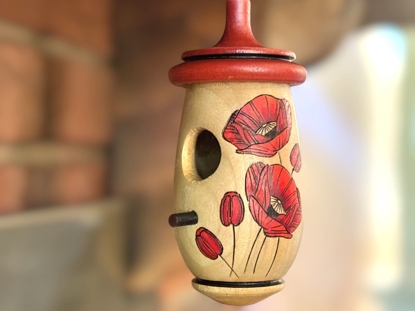 Hummingbird House, Poppy Floral Art, Wooden Birdhouse for Indoor/Outdoor Use, Christmas Gift for Mom and Bird Lovers, August Birth Flower