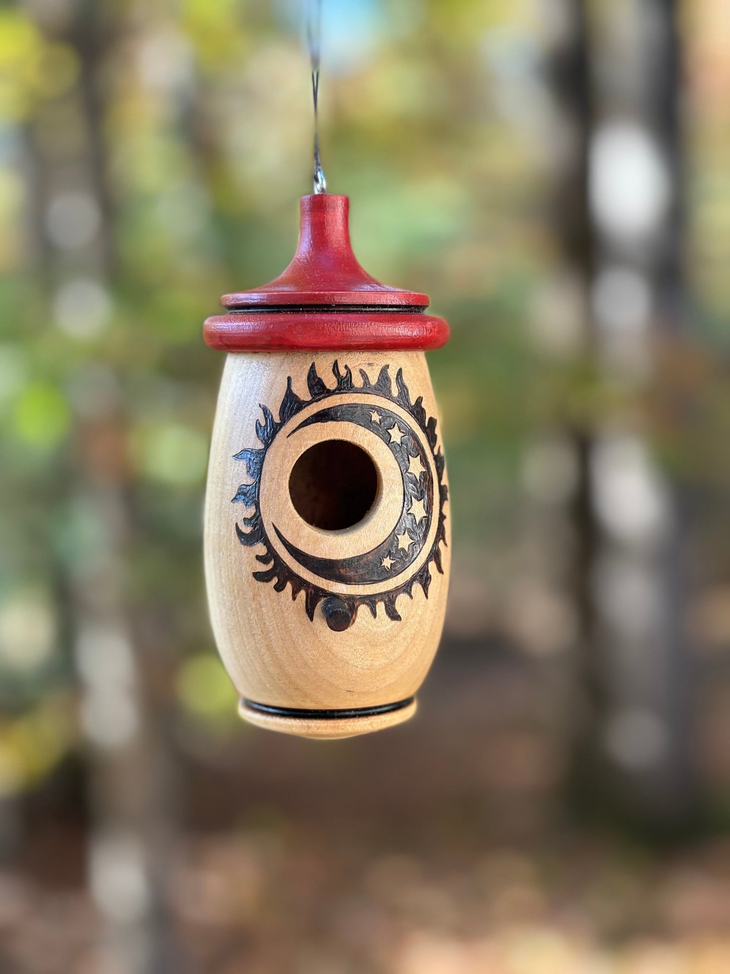 Hummingbird House, Sun Moon Stars Art, Handmade Wooden Birdhouse for Indoor/Outdoor Use, Bird Lovers Gift, Christmas Gift for Celestial