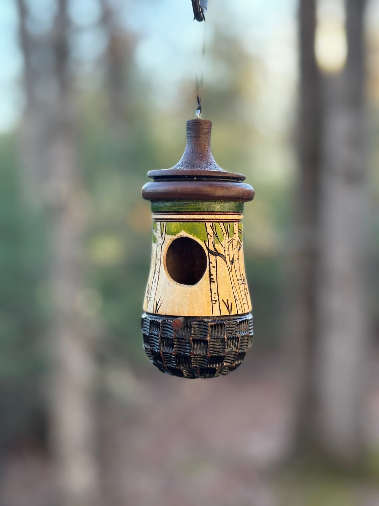 Birdhouse, Birch Tree with Basketweave Bottom Hummingbird House