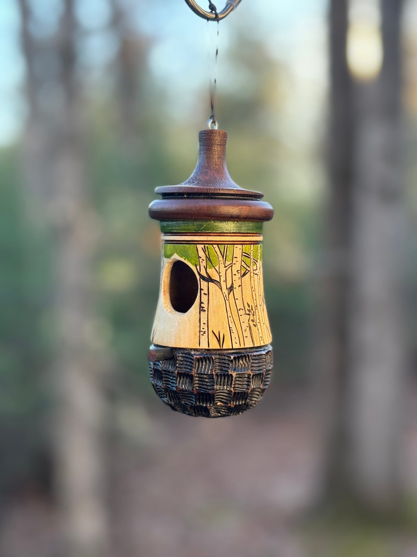 Birdhouse, Birch Tree with Basketweave Bottom Hummingbird House