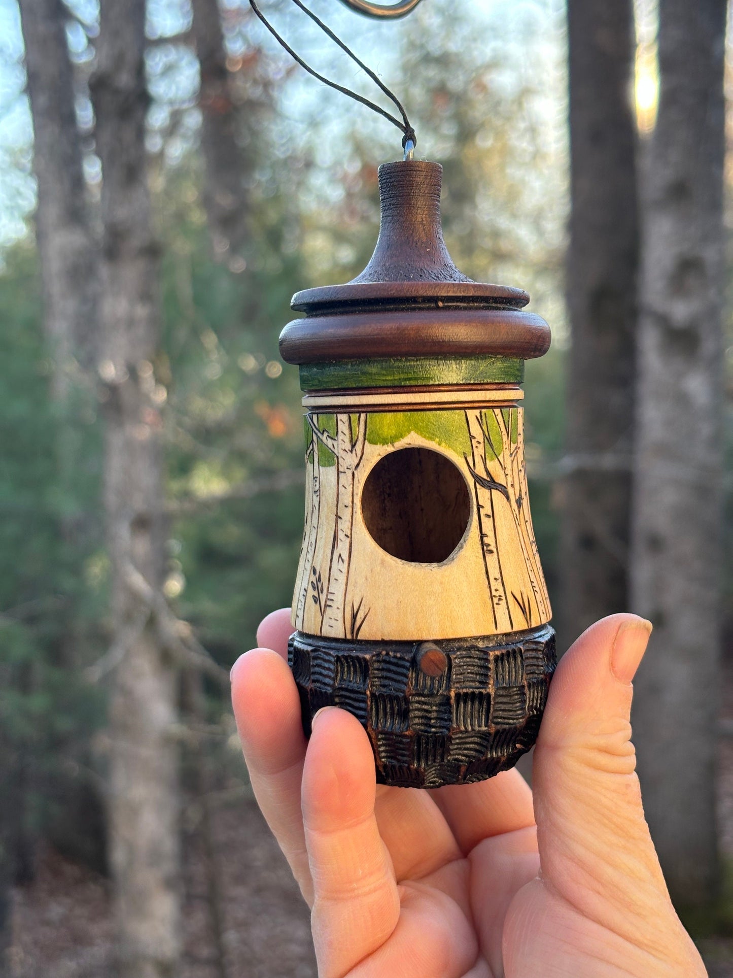 Birdhouse, Birch Tree with Basketweave Bottom Hummingbird House