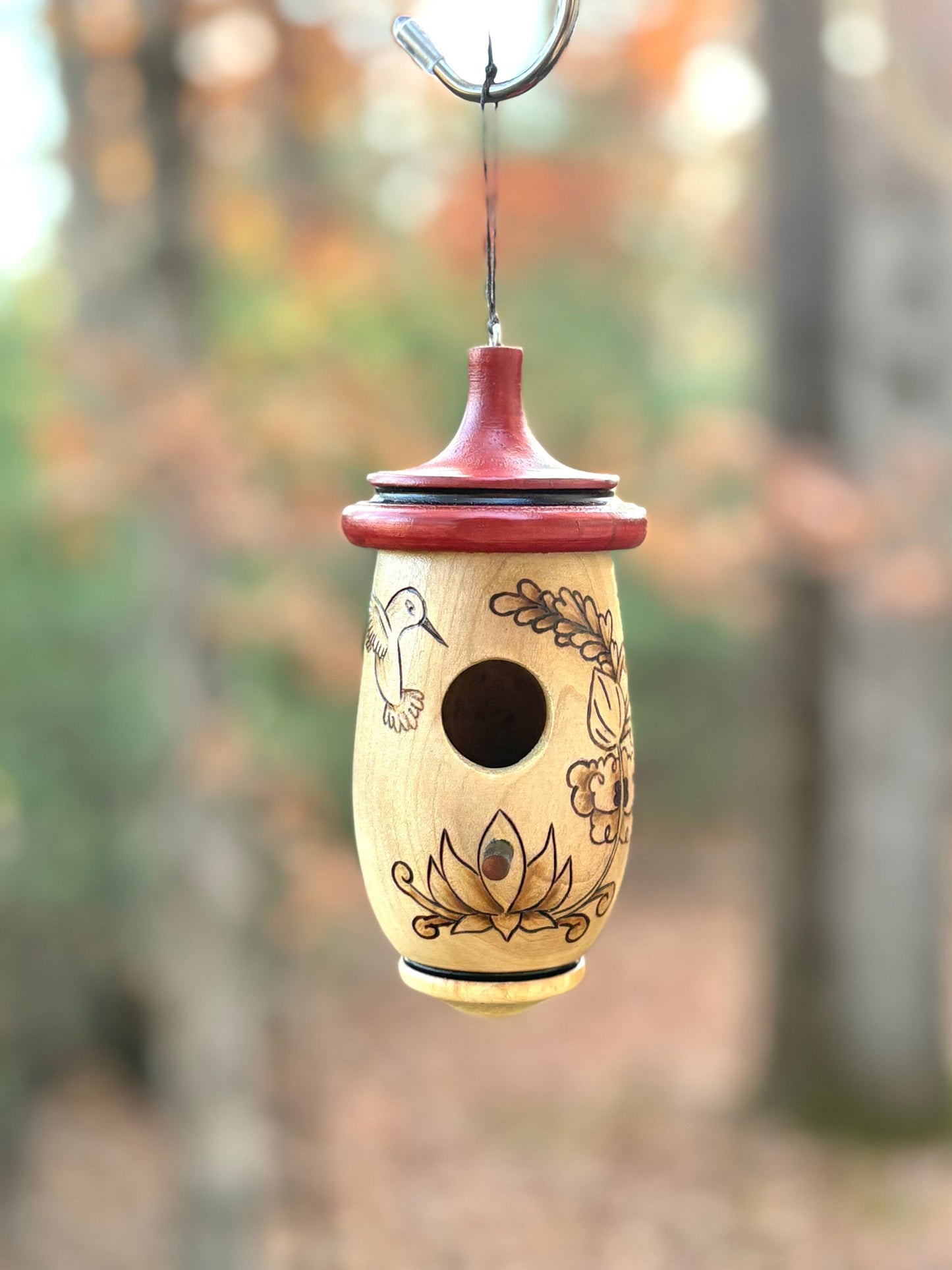 Hummingbird House, Handmade Wooden Birdhouse for Indoor/Outdoor Use, Bird and Lotus Art, Bird Lovers Gift, Christmas Gift for Co-Worker